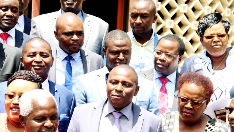 Kandara MP Alice Wahome (Front row, left) with other Jubilee party lawmakers allied to the Tangatanga outfit that supports DP Ruto's 2022 presidential bid