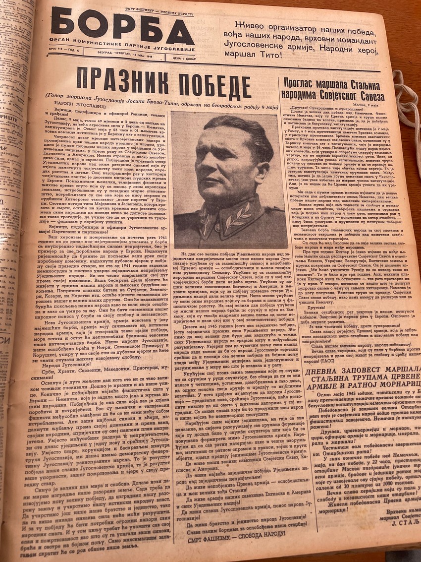 Naslovna strana "Borbe" 10. maja 1945.