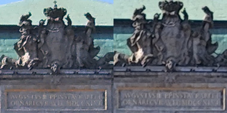 Wycinki w skali 1:1 z powyższych zdjęć - po lewej z kadru 50 MP, po prawej z interpolowanego do tej rozdzielczości standardowego zdjęcia 12 MP 