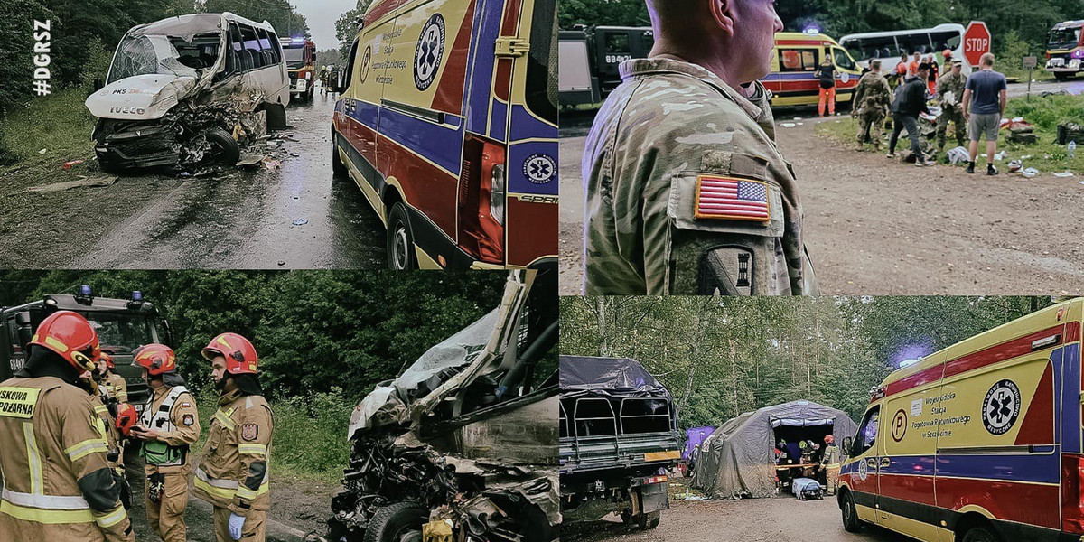 Wypadek pod Drawskiem. Bus pełen uczniów zderzył się z tirem. Na pomoc rannym ruszyli żołnierze.