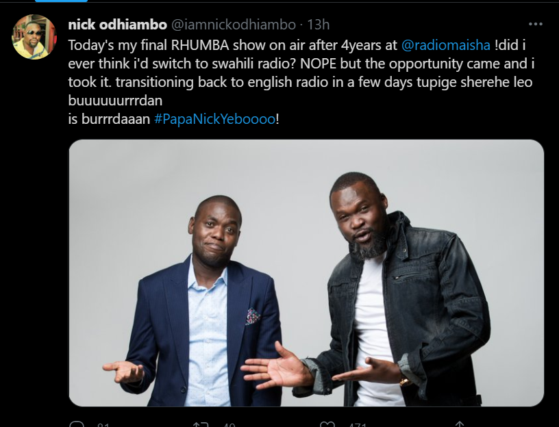Nick Odhiambo and DJ Darius. Nick Odhiambo quits Radio Maisha after 4 years 