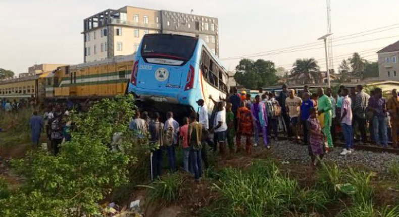 Scene of the accident involving a staff bus and a passenger train in Ikeja, Lagos. (Channels TV)