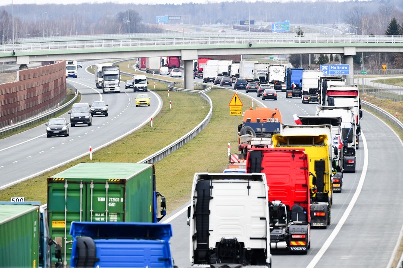 Kolumna protestujących kierowców pojazdów ciężarowych na trasie A2 w okolicach miejscowości Olesin