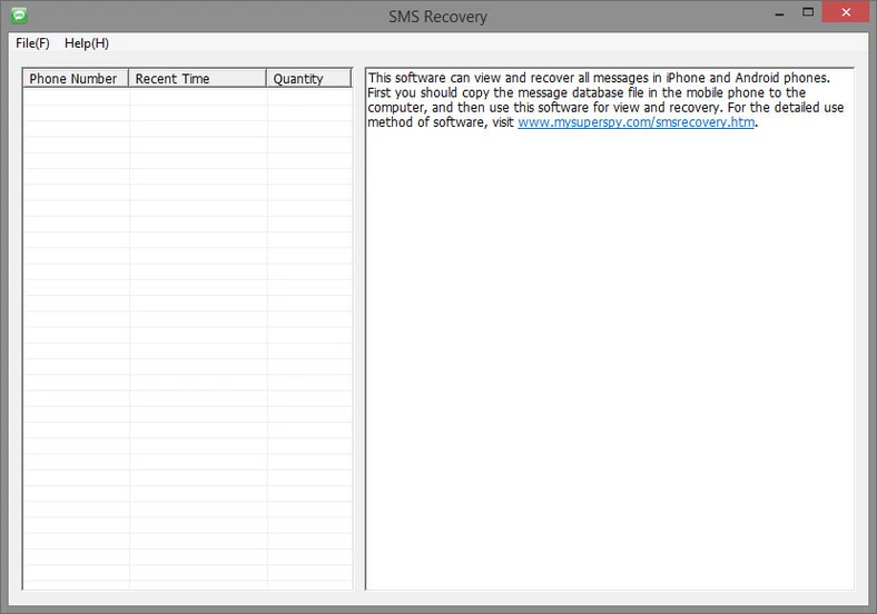 Główne okno programu do odzyskiwania wiadomości SMS - SMS Recovery