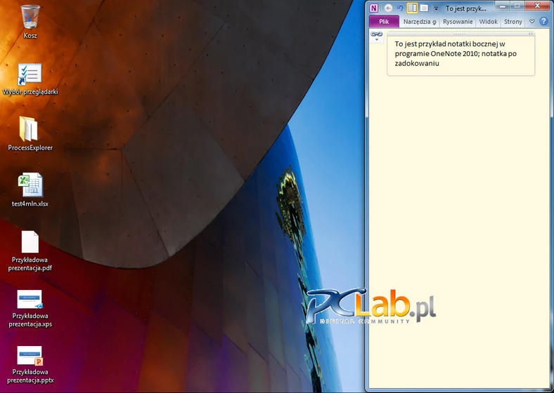 MS OneNote 2010 – notatka boczna po zadokowaniu do pulpitu (kliknij, aby powiększyć)