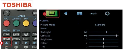 Piloty firmy Toshiba mają w dolnej lewej części przycisk MENU (A). Uruchamia on główne menu telewizora, w którym pierwsza zakładka (B) odpowiada za ustawienia obrazu
