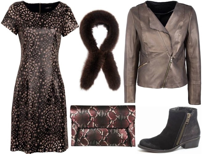 Sukienka – Midori/midori.pl, kurtka - Boca/boca.pl, buty - Caprice/caprice.pl, szal – Gena/ gena.pl, torebka - antbag by ania/antbags.pl