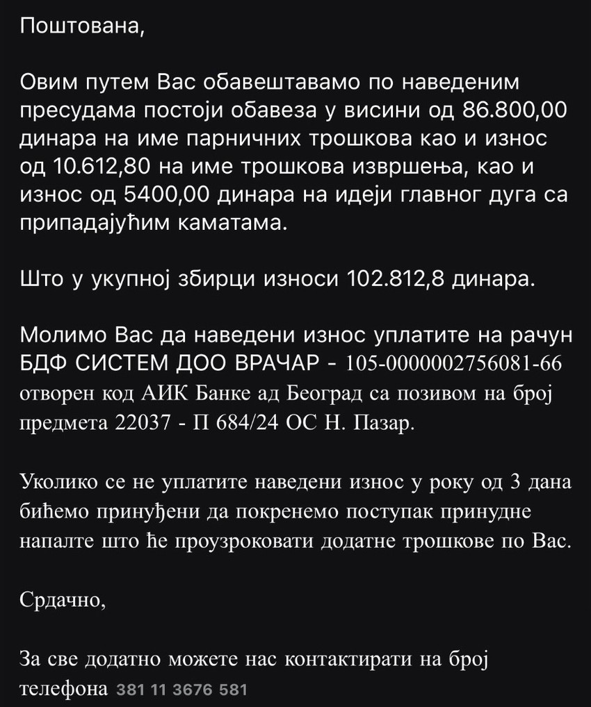 Samohrana majka je dobila dopis da ceo dug plati u roku od tri dana