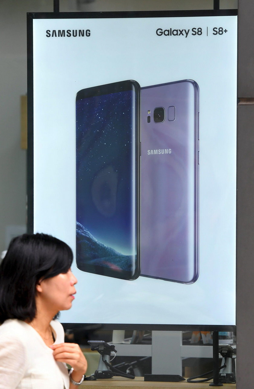 A Samsung Electronics's Galaxy S8 is displayed at its office building in Seoul