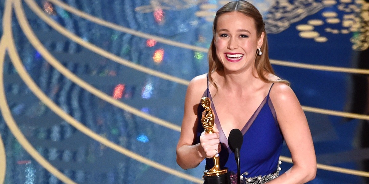 Brie Larson accepting her best actress Oscar at the 88th Academy Awards.