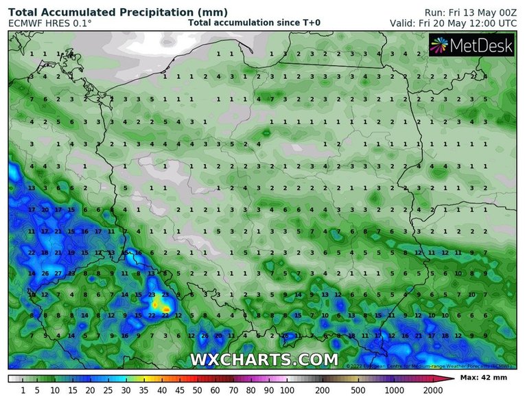 Prognozowana suma opadów na najbliższy tydzień (do 20 maja)