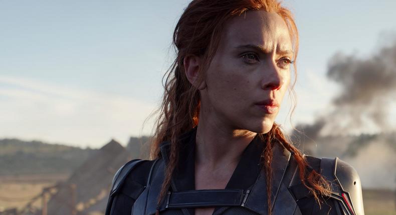This image released by Disney/Marvel Studios' shows Scarlett Johansson in a scene from Black Widow. The Walt Disney Co. on Friday overhauled its release schedule, moving the dates of half a dozen Marvel movies. Black Widow, which had been set to kick off the summer movie season, will now open Nov. 6. (Marvel Studios/Disney via AP)