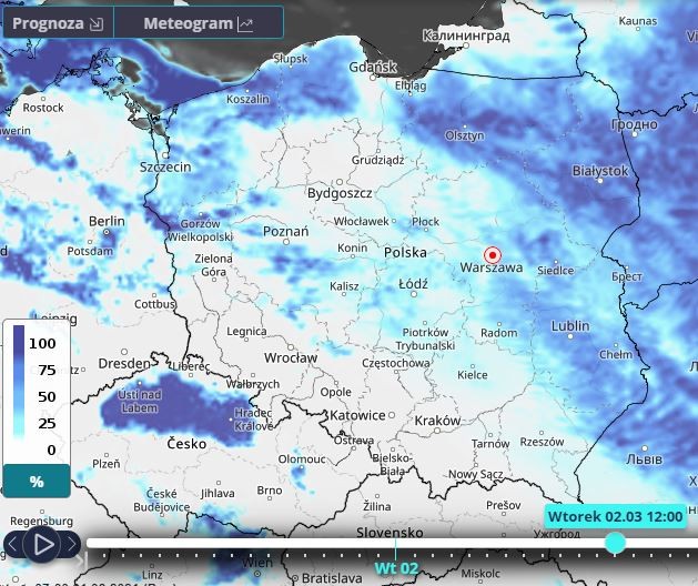 Przewidywany stopień zachmurzenia na wtorek