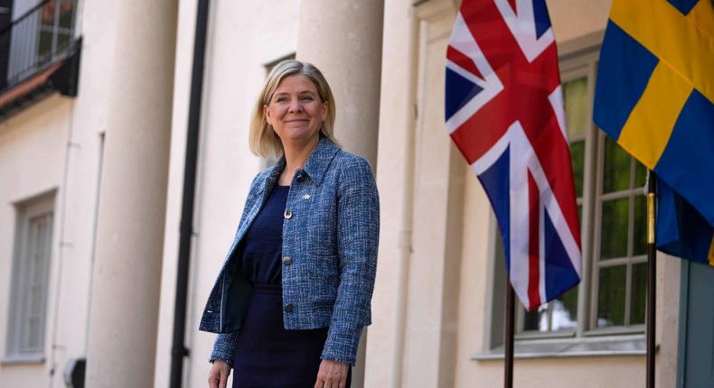Sweden's Prime Minister Magdalena Andersson waits for British Prime Minister Boris Johnson, in Harpsund, the country retreat of Swedish prime ministers, May 11, 2022 in Harpsund, Sweden.