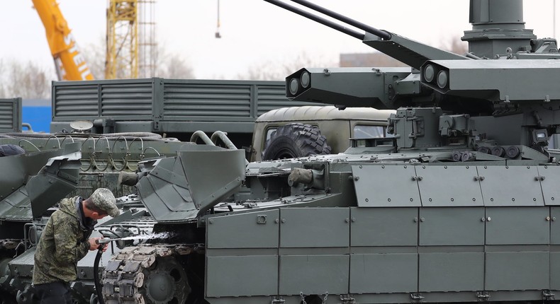 A serviceman washes a BMPT Terminator armored fighting vehicle designed to support tanks as part of preparations for the Victory Day military parade, in Moscow, April 23, 2019.Anton Novoderezhkin\TASS via Getty Images