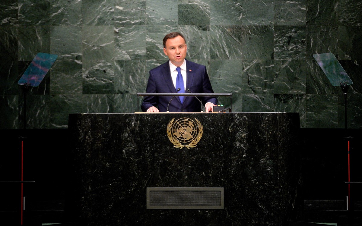 Prezydent RP Andrzej Duda podczas wystąpienia w ramach szczytu dot. agendy rozwojowej po 2015, w siedzibie ONZ w Nowym Jorku