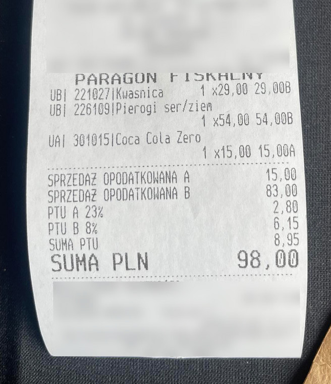 Paragon z drogiej restauracji