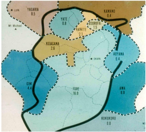 Mapa regionu kuru z zasięgiem choroby w różnych grupach językowych