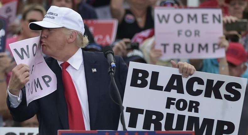 File photo shows then Republican presidential nominee Donald Trump kissing a Women for Trump placard during a rally in Florida