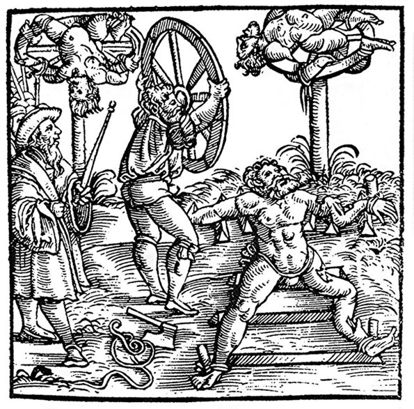 Ilustracja przedstawiająca egzekucję kołem (Augsburg, Bawaria, 1586 rok) - domena publiczna