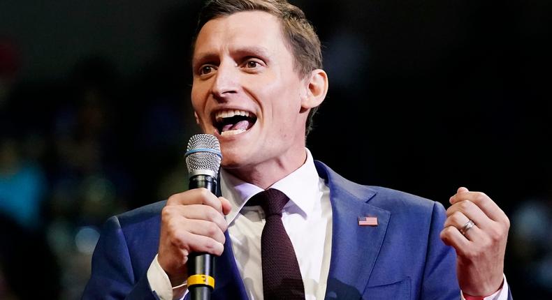 Blake Masters, a Republican candidate running for US Senate in Arizona, speaks at a Save America rally on July 22, 2022, in Prescott, Arizona.Ross D. Franklin/AP