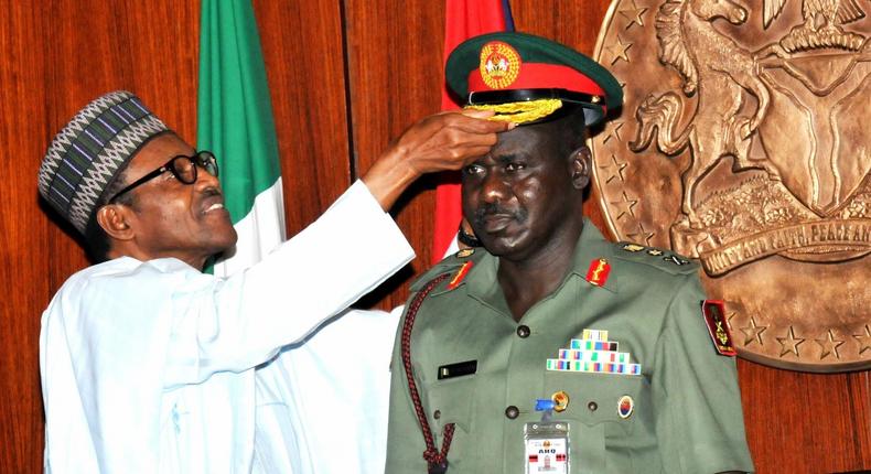 President Muhammadu Buhari (left) with Chief of Army Staff, Lieutenant-General Tukur Buratai (right)