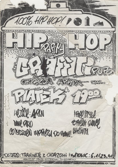 "Zajawka. Śląski hip-hop 1993-2003": plakat zapowiadający pierwszą imprezę w Graffiti Pubie; wł. VAN 