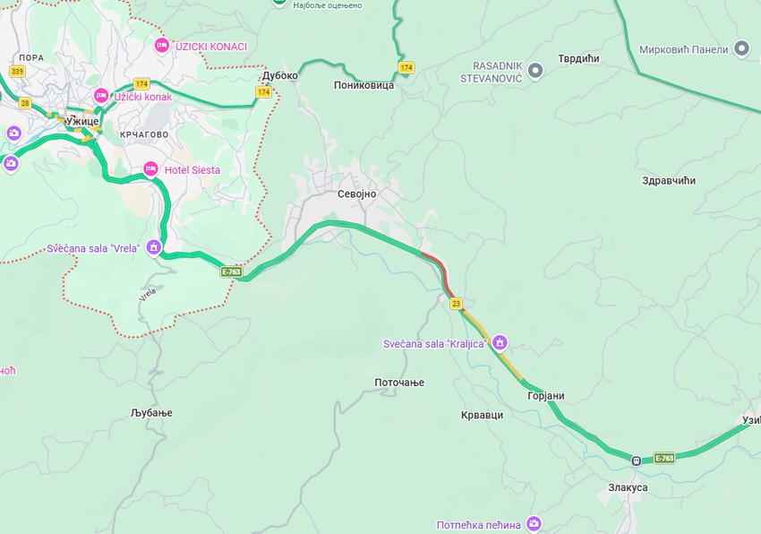 Mapa gužve pre Užica ka Zlatiboru
