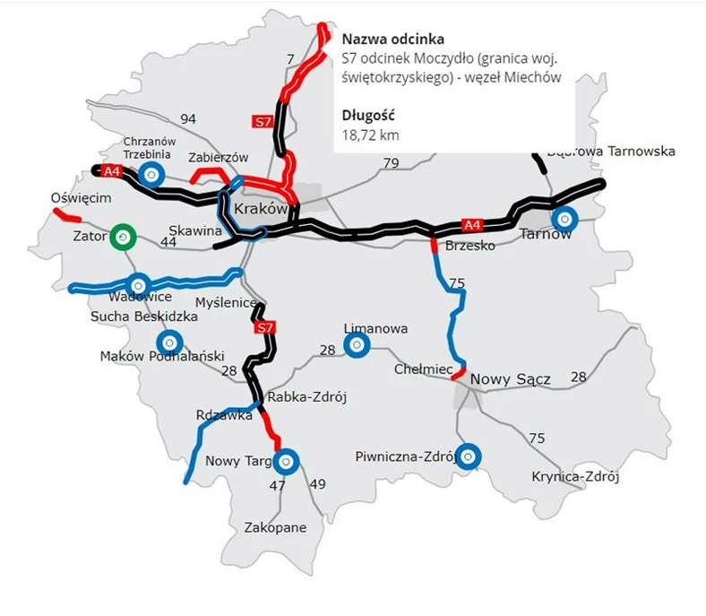 Mapa — droga ekspresowa S7 Moczydło — Miechów