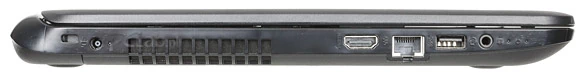 Lewa strona: zamek Kensington, gniazdo zasilacza, HDMI, RJ-45, USB 3.0, audio