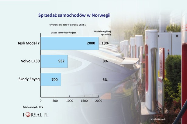 Sprzedaż samochodów w Norwegii w sierpniu 2024 r.