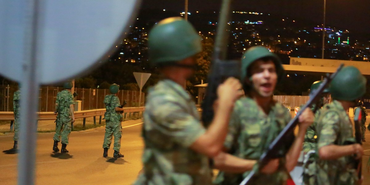 Turkish military block access to the Bosporus bridge, which links the city's European and Asian sides, in Istanbul, Turkey.