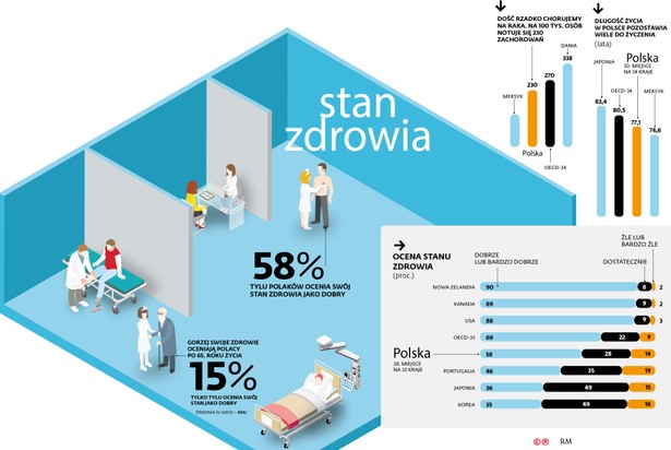 W ogólnym podsumowaniu do blisko 300-stronicowego raportu piszą, że rosną długość życia, jakość opieki, dostęp do nowoczesnych leków, jednym z niewielu wyjątków – wymienionym explicite w krótkim wstępie – jest Polska. „We wszystkich państwach OECD, z wyjątkiem Grecji, USA i Polski, istnieje powszechny dostęp do służby zdrowia”. Albo „dzięki wcześniejszej diagnozie w większości państw zwiększyła się długość przeżycia przy zachorowaniu na raka. Wyjątkiem są Polska i Chile”.