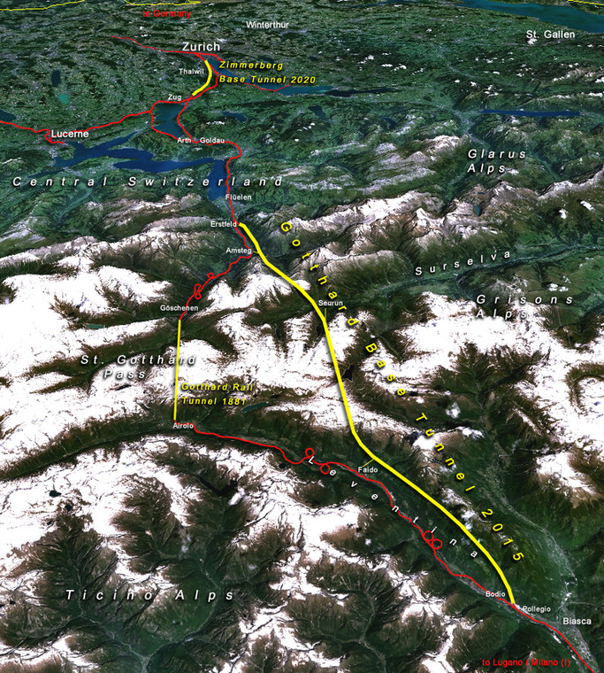 Mapa trasy tunelu kolejowego Gotthard Base Tunnel w Szwajcarii Fot. commons.wikimedia.org, NASA WorldWind 1.3, Cooper.ch