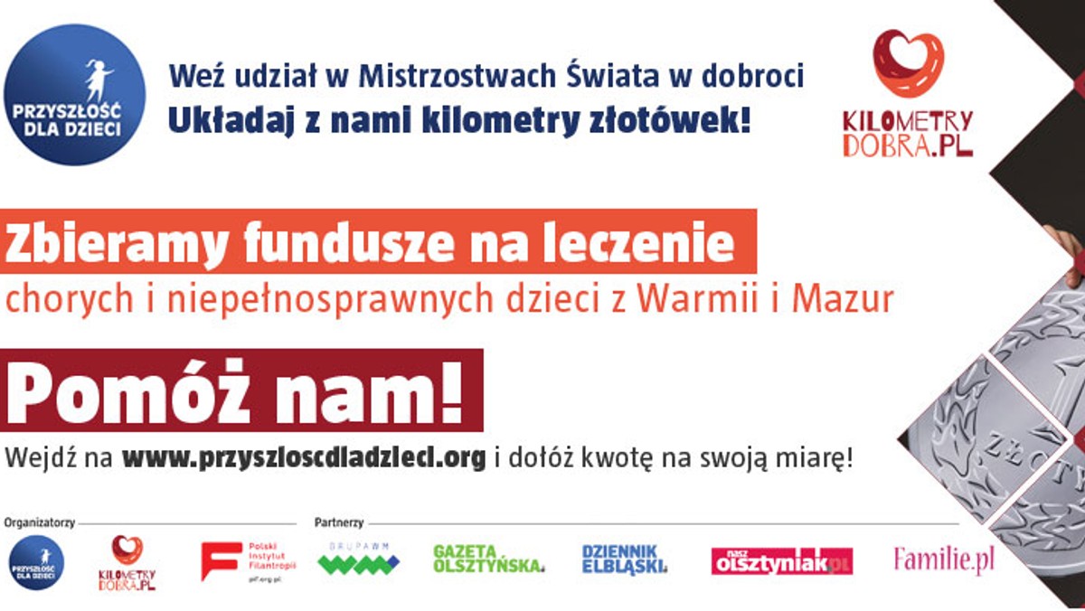 Polski Instytut Filantropii ogłasza czwarte Mistrzostwa Świata w Dobroci! Do zawodów zgłosiło się 50 polskich miast. Zasady gry są bardzo proste. Każdą miejscowość reprezentuje instytucja, która zbiera pieniądze na wyznaczony przez siebie cel związany z pomocą innym. Warmię i Mazury ponownie reprezentuje olsztyńska Fundacja "Przyszłość dla Dzieci". Przed nami pełna emocji rywalizacja.