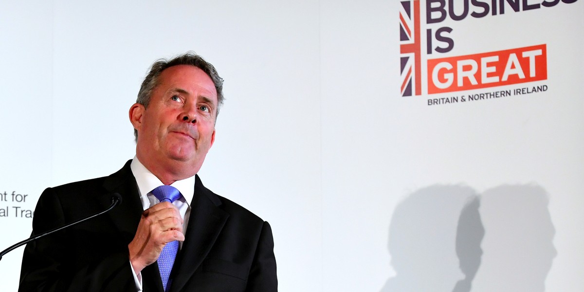 International Trade Secretary Liam Fox delivers a speech at Manchester Town Hall in Manchester.