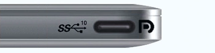 Mała dziesiątka obok portu USB-C ujawnia, że chodzi o szybką wersję USB 3.1 Generation 2. Oznaczenie po prawej stronie sygnalizuje, że złącze pracuje w technologii Thunderbolt i transmituje także sygnał sieciowy i obrazu.