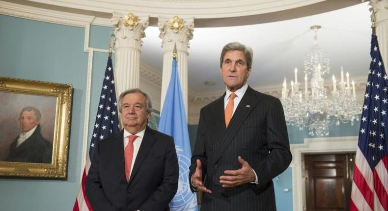 US Secretary of State John Kerry(R) and UN Secretary General Designate Antonio Guterres speak to the media prior to a meeting at the State Department in Washington, DC, November 4, 2016