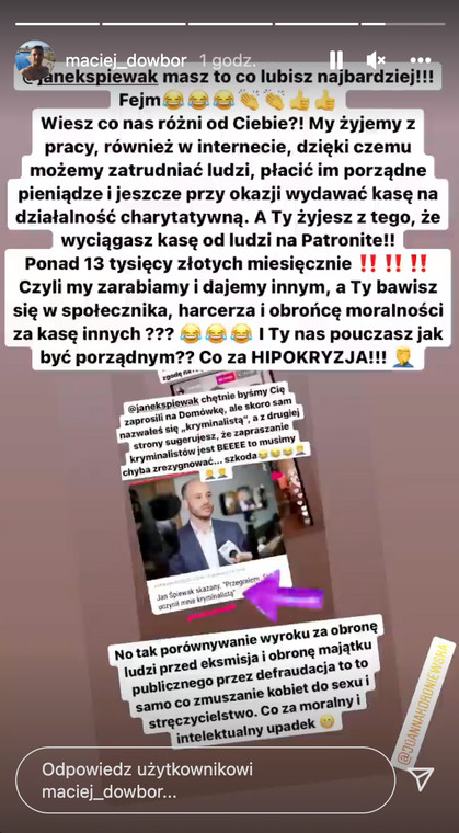 Maciej Dowbor odpowiada na zarzuty Jana Śpiewaka na Instagramie