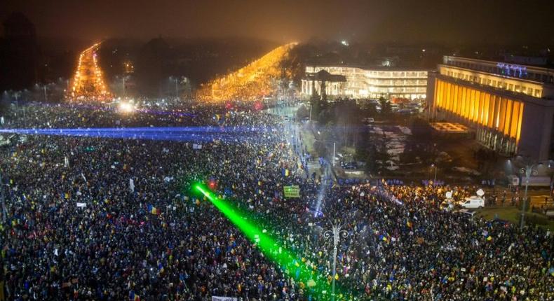 Up to 300,000 people were estimated to have gathered on Sunday in Bucharest's Victory Square, and a half million nationwide, in protest against the government's failed effort to water down corruption laws