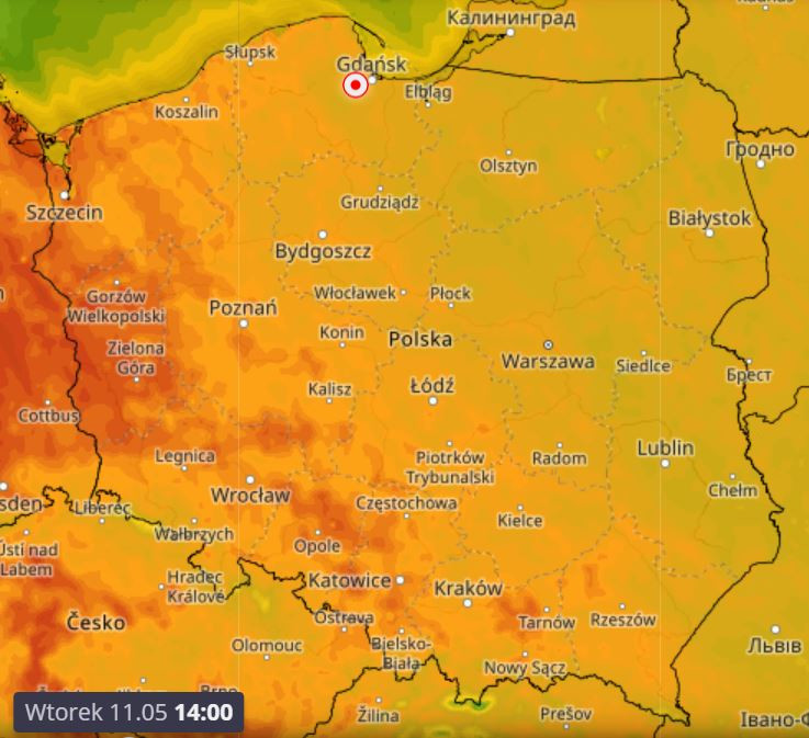 Temperatura powietrza w Polsce we wtorek 11.05 o godz. 14