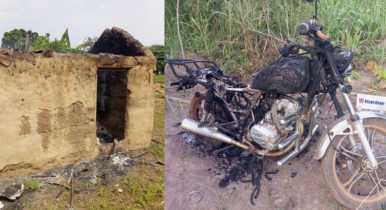 Burnt house and motorbike 