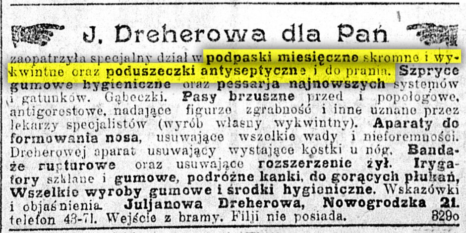 Reklama sklepu z podpaskami (i nie tylko) J. Dreherowej ."Kurier Warszawski", 1922.