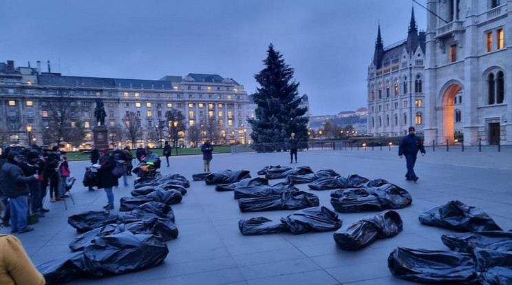 30 szociális szakmai szervezet képviselői tiltakoznak  a szociális  törvény elfogadása ellen, hullazsákban feküdtek ki a Parlament elé /Fotó:Facebook