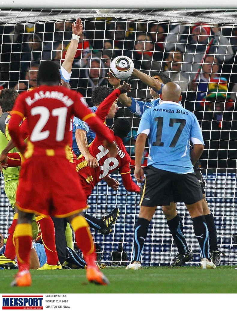 Action photo of the hand of Luis Suarez of Uruguay, during game of the 2010 World Cup held at the Soccer city Stadium of Johannesburg on July 2, 2010.
