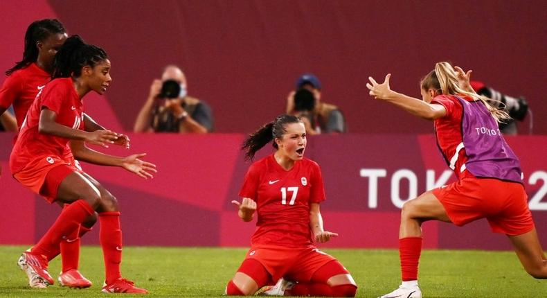 Canada's Jessie Fleming (C) celebrates after scoring the winning goal against the USA Creator: Kazuhiro NOGI