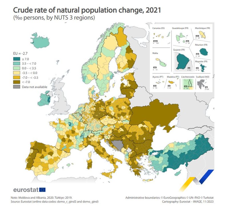 Przyrost naturalny populacji w regionach Europy