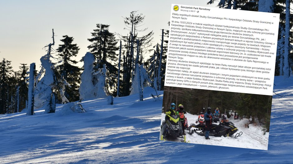 W Gorczańskim Parku Narodowym złapano turystów na skuterach śnieżnych (screen: gorczanskiparknarodowy/Facebook)