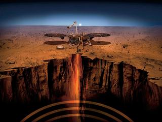 Ilustracja przedstawiająca umieszczenie  na Marsie bezzałogowego  lądownika inSight, październik 2018 r.