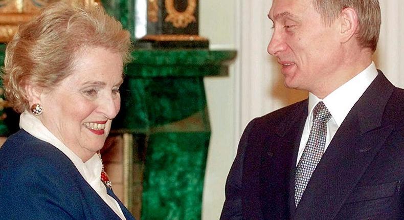 Madeleine Albright with Vladimir Putin in February 2000, when she was US Secretary of State and he was acting President of Russia.